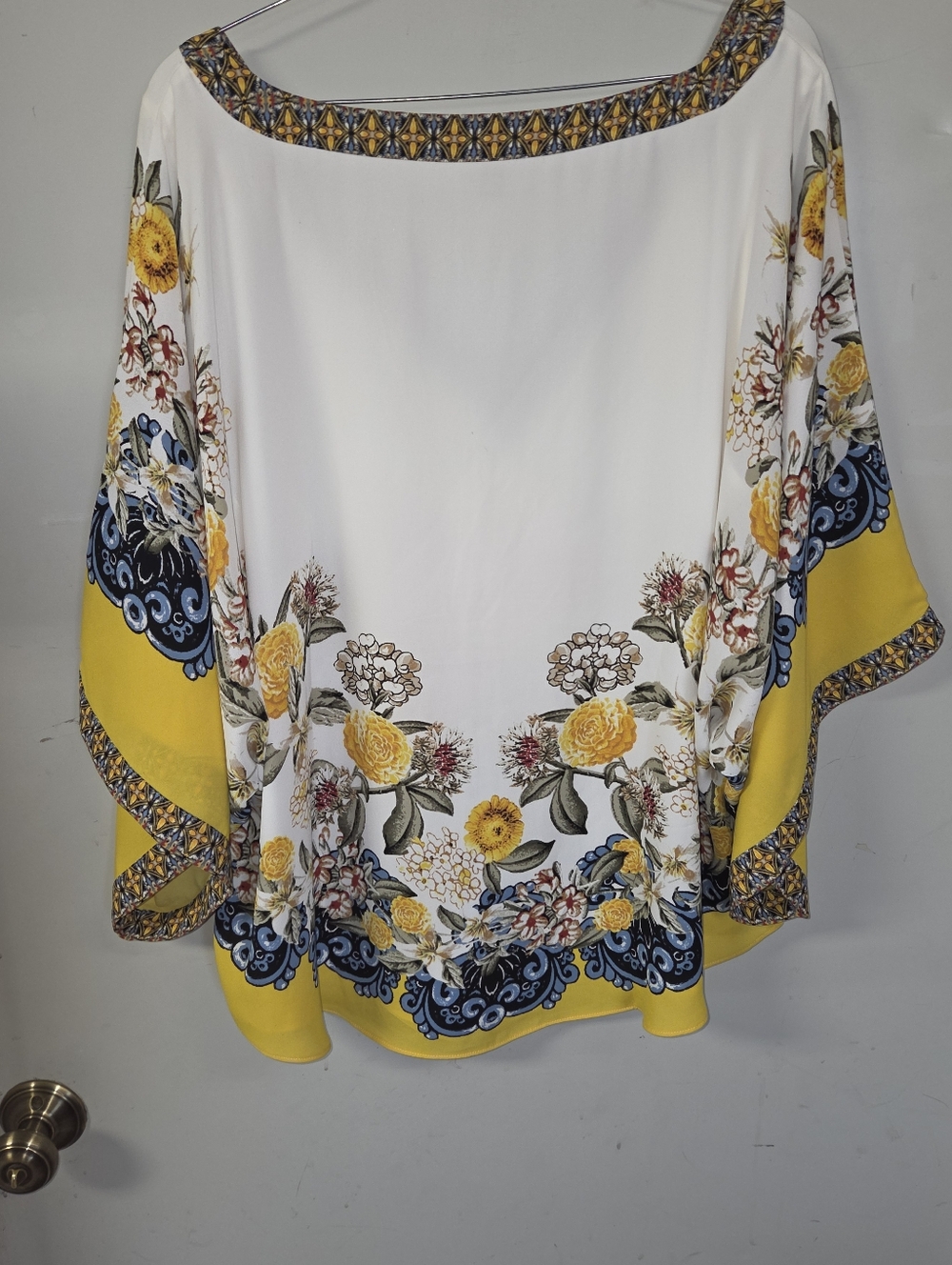 White House Black Market White Floral V-Neck Tunic with Yellow & Blue Accents - Picture 5 of 5
